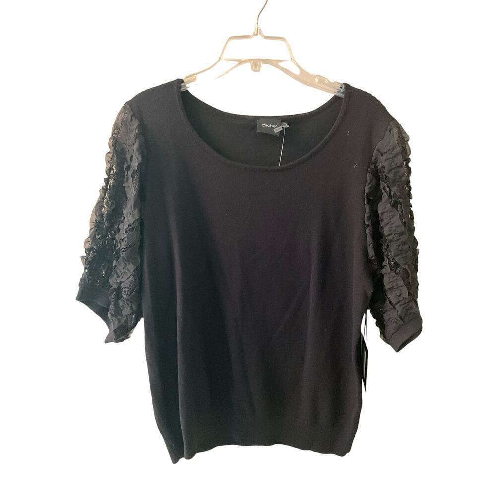 Cliche Blouse Top Women's SZ XL Black Long Sleeve Crew Neck Ruffles Ribbed Hem